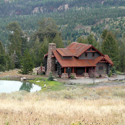 Log Home From Distance, Big Sky MT